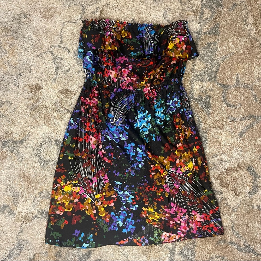 Julie Dillon black colorful floral ruffle strapless dress - size 6